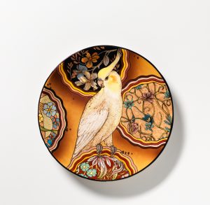 BOWERS Cockatiel Gothic Asia2024 earthenware, underglaze colour, clear glaze 33 cms D X 3 cms H copy